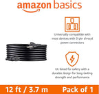 Amazon Basics PC Power Cord, 12 feet, AC Power Cord for Monitor, Computer, TV, 3 Prong, 18 AWG, 125 Volts, Black