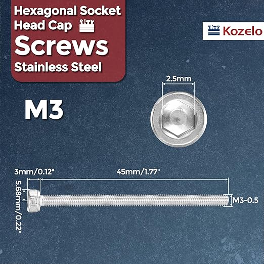Kozelo 50pcs Socket Head Cap Screws - [M3-0.5 x 45mm] 304 Stainless Steel Allen Socket Drive for Electrical Motor 3D Printing Fan Engine Replacement Use, Silver