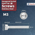 Kozelo 40pcs Socket Head Cap Screws - [M3-0.5 x 20mm] 304 Stainless Steel Allen Socket Drive for Electrical Motor 3D Printing Fan Engine Replacement Use, Silver