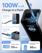 EF ECOFLOW Rapid Power Bank, 25,000mAh, 170W, 100W Built-in and Retractable Cables, Portable Charger with Triple 100W USB-C Port, Compatible with iPhone 17/16/15/14, Samsung, Laptop and More, Silver