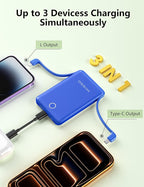 miisso 10000mAh Mini Portable Charger with Built in Cable, Pocket Size Power Bank Travel External Battery Pack for Phone, 3 Output USB Type C Cord Clutch Compatible with iPhone, Samsung, Deepblue