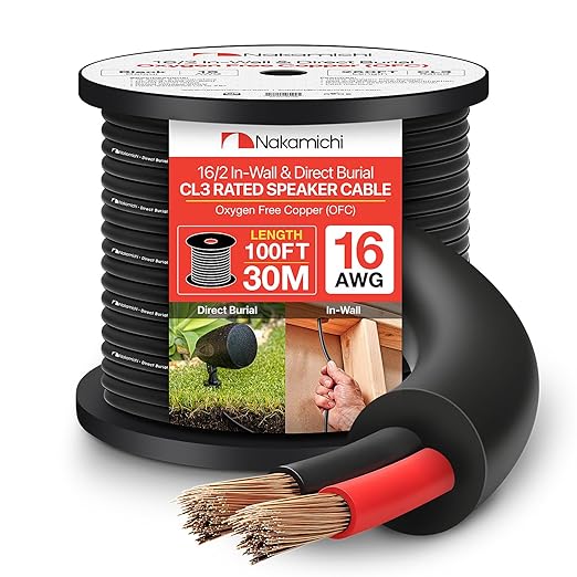 Nakamichi 16/2 (100-Foot) in-Wall & Direct Burial (UL CL2 CL3 Rated) Oxygen-Free Copper (OFC) 2-Conductor Speaker Cable Wire, Outdoor In-Ground, in-Ceiling, Riser, Black (16AWG / 100ft / 30.48m)