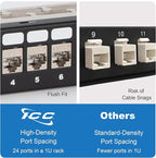 ICC 24-Port Blank Keystone Shielded 1U Patch Panel with 19” Rackmount Housing and Cable Support Bar for Slim Profile Keystone Jacks (Sold Separately), Protects Against EMI, UL Listed, IC107PPS6A