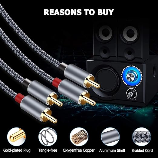 Goalfish RCA Cable, 15FT RCA Male to Male Audio Stereo Subwoofer Cable [2Pack, Hi-Fi Sound] Nylon-Braided Auxiliary Audio Cord for Home Theater, HDTV, Amplifier, Hi-Fi Systems,Speakers (Grey)