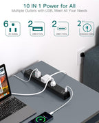 Short Extension Cord 2ft - Addtam Surge Protector Power Strip with 6 AC Outlets 4 USB (2 USB-C Ports), Flat Plug, 900J, Wall Mount, Outlet Extender for Home Office Dorm Room Essentials