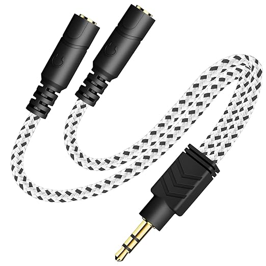 DUKABEL Headphone Splitter, Knitted 3.5mm Audio Splitter TRS 3-Pole Aux Splitter Cable for Headphones Earphones Speakers -Zebra White