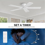 WINGBO 54" Flush Mount DC Ceiling Fans Without Lights, 5 Carved Solid Wood Blades, 6-Speed Reversible DC Motor, Low Profile Hugger Ceiling Fan No Lights for Living Room Bedroom Patio, Gloss White