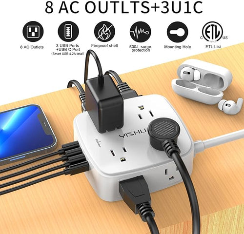 5Ft Surge Protector Power Strip - 8 Widely Outlets with 4 USB Ports, 3 Side Outlet Extender with 5 Feet Extension Cord, Flat Plug, Wall Mount, Desk USB Charging Station, ETL,White