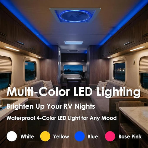 2012 14" RV Roof Vent Fan with Voice Control & 4-Color LED Light, Air Max Ultra Quiet 12V - 24V Smart Reversible Exhaust Fan with Remote and Rain Sensor for Camper, Trailer, Van, Motorhome Ventilation