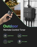 BN-LINK Outdoor Light Timer, Waterproof Plug-in Dusk-to-Dawn Controller with 3 Grounded Outlets for Christmas & Halloween String Lights, 15A 1/2HP, ETL Listed, 100 ft RF Range, Remote Included