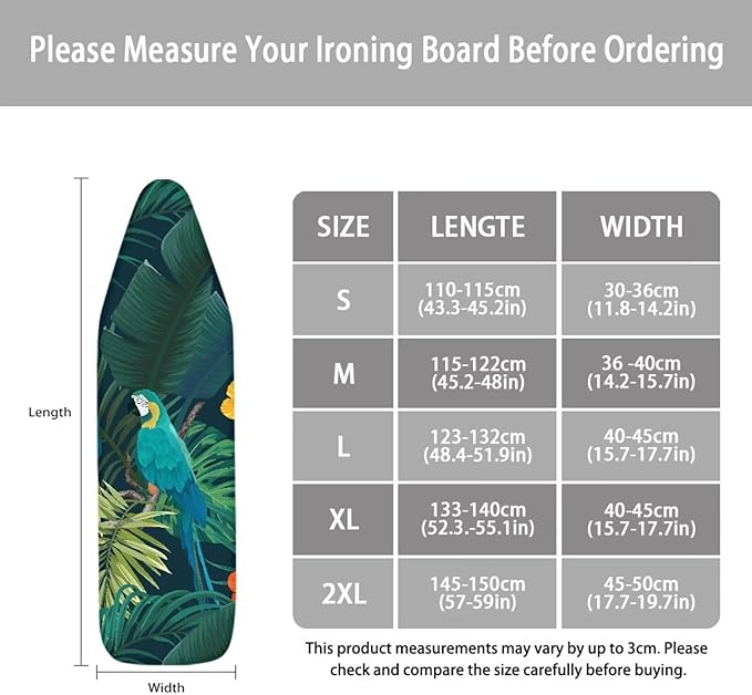 ZCFYGDX Ironing Board Cover Easy Install with Elastic Edge 3 Bottom Nylon Buckle Straps Breathable Ironing Decor Suitable for Wide Ironing Board House Decor Parrot Palm Leaf Print Size-S
