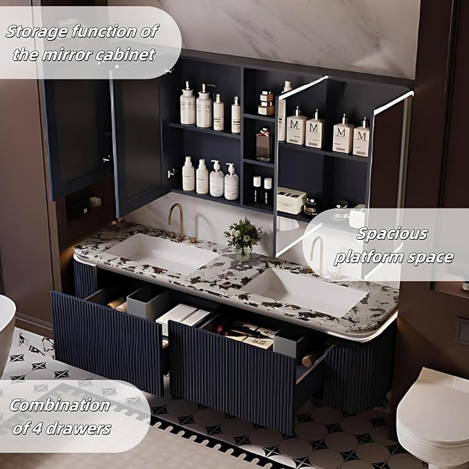 Bathroom Vanity with Double Sinks - LED Smart Defogging Mirror & Equipped with Tissue Hole | Modern Double Sink Bathroom Cabinet, 2 Drawers & Wavy Panel, Dark Blue (Mirror, 72IN)