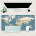 Desk Mat, Blue Vintage World Map Extended Gaming Mouse Pad Large, 35.4"x15.7" Big Mouse Pad with Non-Slip Base and Stitched Edge, Long Computer Keyboard Mouse Mat for Home Office Work