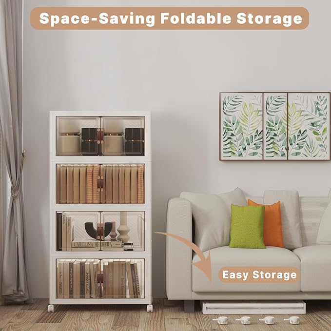 Extra Large Stackable Storage Bins with Lids & Wheels, 220QT-55QT/14GAL*4Pack Foldable Collapsible Closet Organizers Storage Cabinet with Doors for Bedroom Dorm