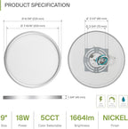 ASD LED 9" Round Flush Mount Ceiling Light Fixture, Low Profile Surface Lighting | 5CCT, Dimmable, Ultra-Thin, ETL Listed | 18W 1660LM 2700-6000K 120V | Kitchen, Bedroom, Hallway Lamp | Nickel