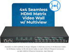 OREI 4K 4x4 HDMI Matrix Video Wall Controller Processor Multiviewer Display Upto 4K 60hz 2x1, 1x2, 1x3, 1x4 Supports 180 Degree Rotate RS-232 Audio Extraction (UHD-44MVW)