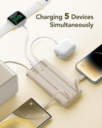 VRURC Portable Charger Power Bank,10000mAh Travel Essentials Battery Pack, 5 Outputs 2 Inputs Slim USB C Charging Bank Built-in Cables Cords for iPhone 17 16 15 13,Samsung,Android-Light Coffee(1 Pack)