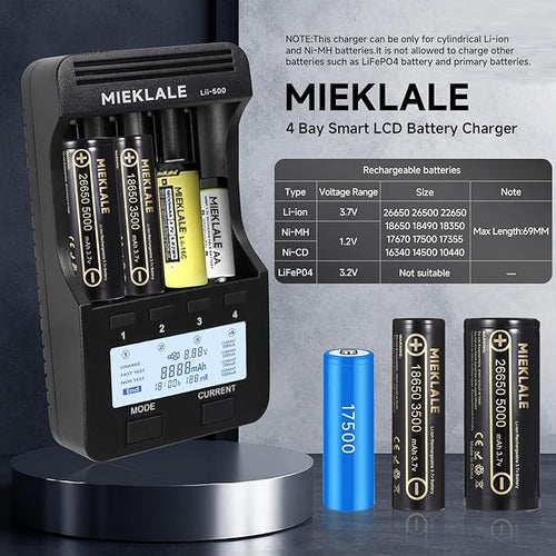 18650 Battery Charger, MIEKLALE 4 Bay Battery Charger with LCD Display Fast Charge for Rechargeable Batteries Li-ion 26650 18650 16340 10440 14500 20700,NI-MH NI-Cd AA AAA