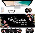 Ergonomic Keyboard Wrist Rest & Mouse Pad Wrist Rest Set,Large Gaming Desk Mat 31.5"x 11.8" with Non-Slip Base,Memory Foam,Easy Typing Pain Relief for Home & Office,Floral Quote Bible Verse Psalm 46:5