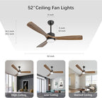 revoici 52" Ceiling Fans with Lights and Remote Control, Indoor Outdoor Ceiling Fans Farmhouse, Timing 6 Speeds 3 Color Light with Memory Lighting Function