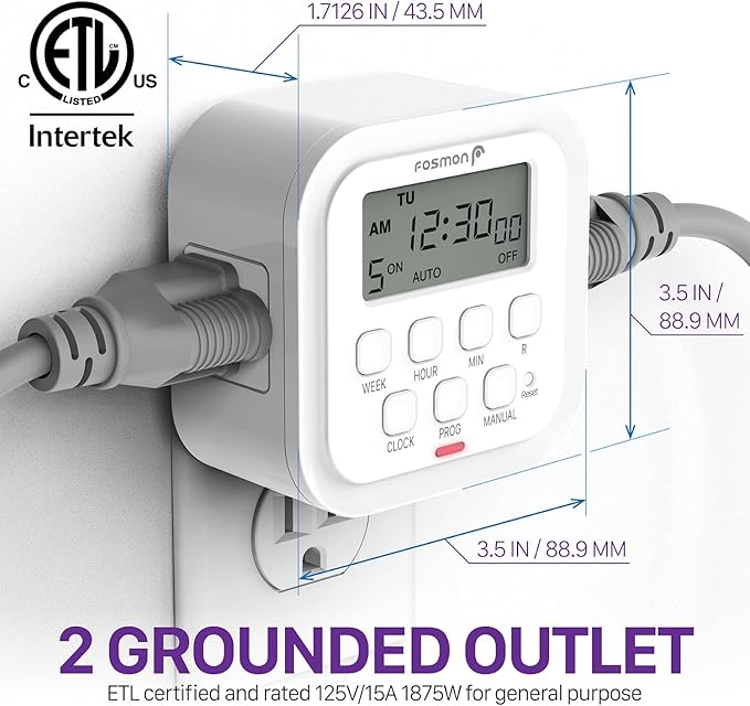 Fosmon 7 Day Digital Timers for Electrical Outlets, Indoor Plug-in Light Timers Switch Programmable, Electric Wall Plug for Lamp, Grow Reptile Lights, Aquarium, 15A/1875W, Grounded