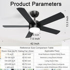 POCHFAN 42 inch Black Ceiling Fans with Lights and Remote Control, LED Ceiling Fan Dimmable 3 CCT 6-Speed, Noiseless Modern Ceiling Fan for Bedroom, Living Room, Dining Room, ETL Listed