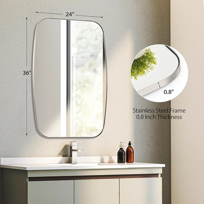 Brushed Nickel Bathroom Mirror, 24"×36" Oval Vanity Mirror with Stainless Steel Metal Frame, Silver Oblong Wall Mount Mirror for Bedroom, Living Room