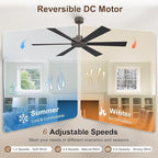 WINGBO 60 Inch Ceiling Fan without Light - 6 Plywood Blades, 6-Speed Reversible DC Motor, Noiseless Remote Control Ceiling Fan No Light for Bedroom Living Room Kitchen, Charcoal Gray and Wood/Black