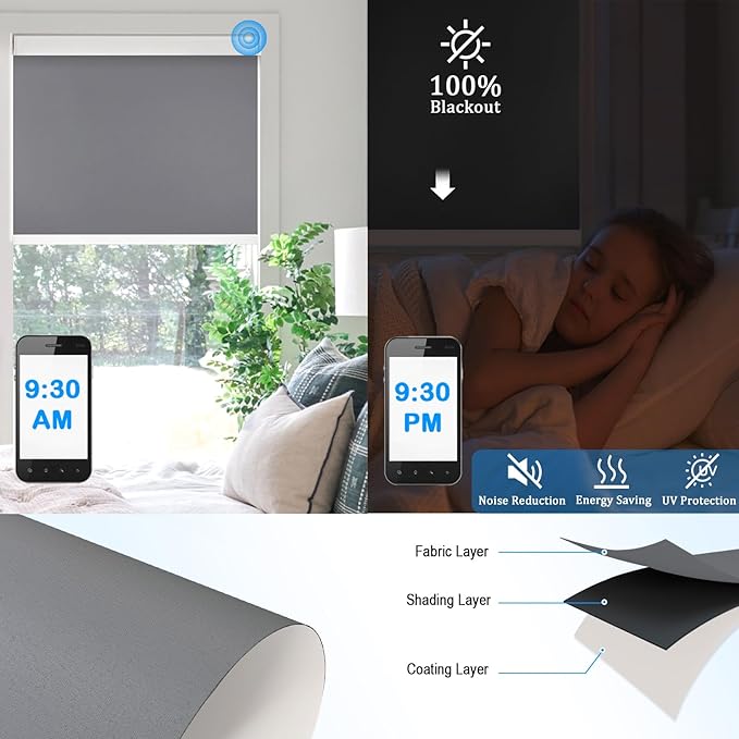 COOLWINDS Motorized Blinds with Remote Cordless Automatic Motorized Shades Custom Blinds for Windows Smart Curtains Compatible with Alexa Google Home(Blackout Thunder Grey,W51 x H72in)