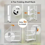 Himix Storage Shelves with 20 Hooks, 4-Tier Foldable Shelves for Storage, Folding Shelf Unit Pantry Shelves with Wheels, Metal Shelving Storage Rack Shelf for Kitchen Garage Home, White - No Assembly