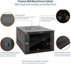 Tecmojo 6U Wall Mount Rack with Thermostat, 17.7inch Depth Enclosed Server Cabinet with 2 Cooling Fans,Lockable Door & Hardware,6U Rack for 19inch Equipments,Glass Door