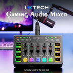 IXTECH Gaming Audio Mixer 4 Channel Soundboard, Streaming RGB PC Audio Interface with XLR Microphone Support, Audio Equalizer for Gaming Podcast Streaming Karaoke, Individual Volume Controls (Black)