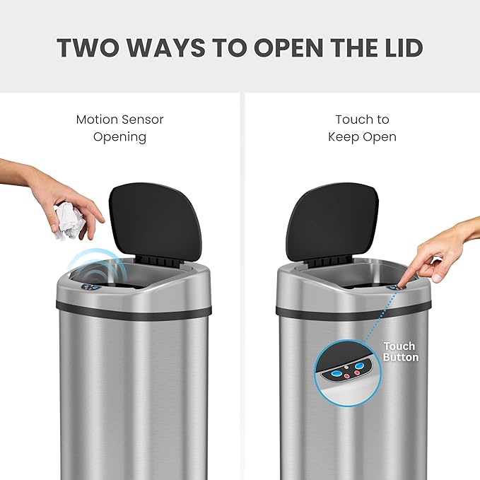 iTouchless 13 Gallon Oval Sensor Trash Can with AC Adapter and Odor Filter, Automatic Motion Sensor Kitchen Bin, Soft-Close Stainless Steel, Slim Curved Wastebasket for Narrow Walkways, Matte Silver