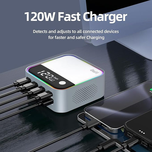 8-Port USB C Charging Station 120W, GaN Fast Charger Block with RGB Ambient Light, Simultaneously Charge Laptop, Phone, Tablet, Headphones for Desk, Gaming, Multiple Device