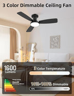 Homlit 42 inch Smart Ceiling Fan with Light, Low Profile Flush Mount with Remote Control, Ultra-Quiet Reversible DC Motor, 3 Color Temperatures & 6 Speed Dimmable Lighting for Bedroom, Black