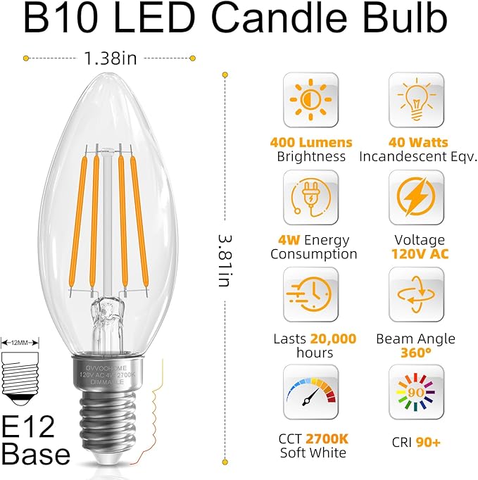 GvvooHome Candelabra Light Bulbs 40 watt Equivalent, E12 LED Bulb Dimmable Chandelier Bulbs, B10 Candle Light Bulbs 2700K Soft White, 90+CRI, 400LM, Cear Glass, 24 Pack