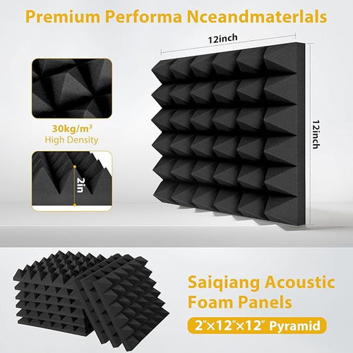 12 Pack Soundproof Wall Panels, Saiqiang Acoustic Foam 2" x 12"x 12" Sound Panels Acoustic Panels Sound Absorbing Black Sound Proof Panels for Walls Pyramid Soundproofing Studio Foam