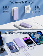 Nusyddy Portable Charger, 12000mAh 22.5W Fast Charging Power Bank with Built-in Cables & Wall Plug, Travel Essential External Battery Pack, USB C Battery Phone Charger for iPhone, iPad, Samsung Purple