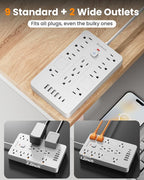 Bawmwim Surge Protector Power Strip - 11 Outlets(1850W/15A) with 6 USB Ports(2 USB C), 10FT Flat Plug Extension Cord, Wall Mount, White, ETL Listed for Home, Dorm Room