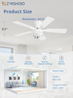 ZMISHIBO 42 Inch Ceiling Fan No Light, Flush Mount Low Profile, Modern White Ceiling Fan Without Light, Remote Control & Quiet DC Motor, for Indoor&Outdoor, Bedroom, Living Room