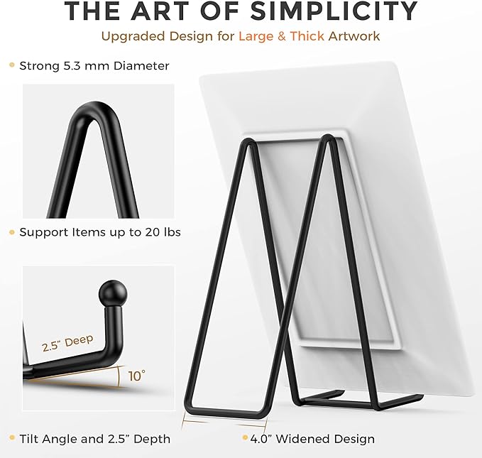 TR-LIFE 4 Pack 10 Inch Large Plate Stands for Display - Metal Plate Holder Stand + Picture Stand + Small Easels for Decorative Plate, Platter, Book, Plaques, Photo Frame, Tabletop Art