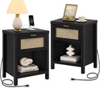 SICOTAS Black Nightstands Set of 2 with Charging Station - Boho Rattan Night Stand with Drawer, Modern Bedside Table with USB and Type-C Ports, Bed Side Tables for Bedroom, Black Oak, 2 PCS
