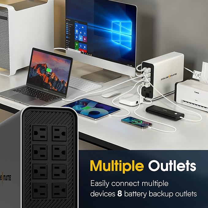 GOLDENMATE 1000VA/600W Lithium UPS Battery Backup and Surge Protector, Sinewave UPS System with LiFePO4 Battery(153.6 Wh), 2025 Upgraded Pro Ver. with Communication Port, 8 Outlets, LCD Display, White