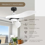 AEROFANTURE 54 Inch White Ceiling Fan, Quiet DC Motor with Remote, 6 Speeds and Reversible Airflow, Modern Indoor Fan for Bedroom or Living Room