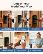TCL D2 Pro Smart Lock with Palm Vein Recognition, 10000mAh Rechargeable Battery & Wi-Fi, Keyless Entry Door Lock, IP55 Weatherproof, Built-in Doorbell, Auto Lock, Compatible with Alexa, Black