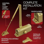PrimeWare DC-300 Automatic Adjustable Door Closers for Home | Soft Close, No Slam | Residential and Commercial Door Closer | Level 3 | for Doors Weighing 90-140 lbs | Hydraulic Door Spring - Gold