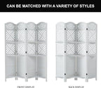 Svimi Room Divider with Shelves, 68.9inch Wood Carved and Louvered Wall Divider Freestanding, 4 Panels Folding Partition Screen for Bedroom Home Office (White)