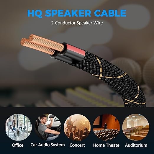 16/2 Speaker Wire 100 Feet, 16AWG Gauge Speaker Cable, Direct Burial, Durable Nylon Braided, in Wall, 2 Conductors, OFC Oxygen-Free Copper, for Car Audio Stereos, Home Theater, Surround Sound, Radio