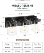 METWET Bathroom Light Fixtures Over Mirror, 3-Light Matte Black Vanity Light with Square Clear Glass Shade, Modern Wall Sconces, Vanity Lighting Fixtures, VL194-MB-3