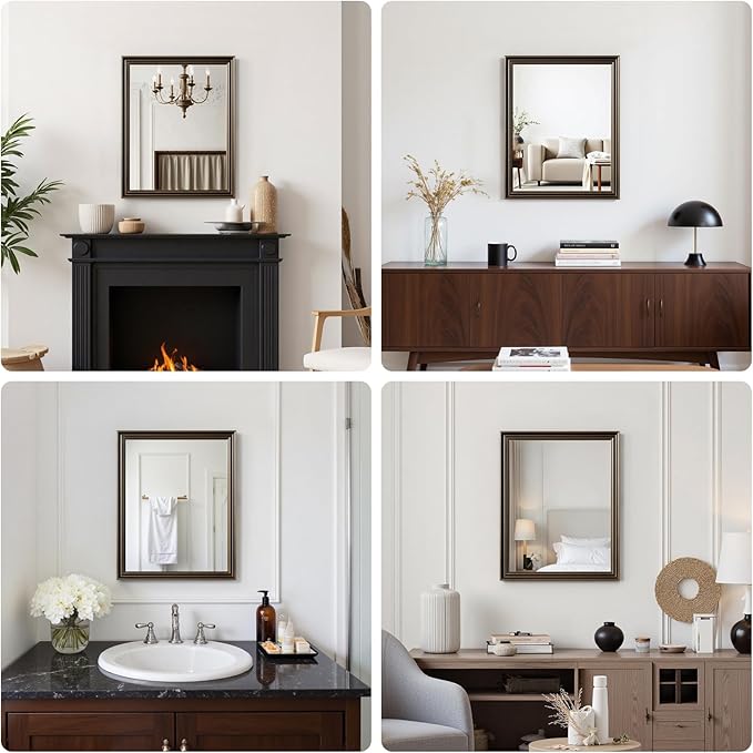 Retro Copper Effect Framed Wall Mirror, 24x32 Rectangle Mirror, Anti-desilvering Tempered Glass, Sustainable&Sturdy Frame, Anti-Rust, HD Reflection &3min Fast Setup for Bathroom Living Room